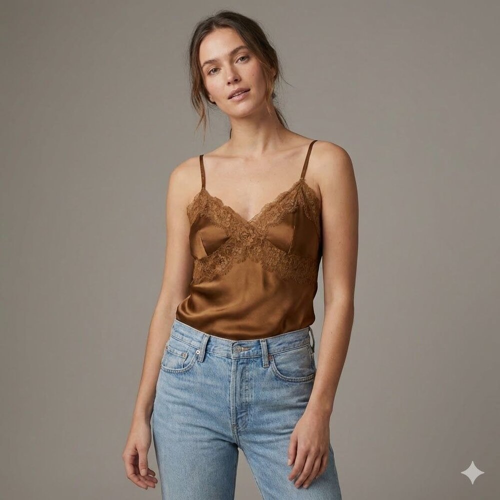 Express Design Studio Womens Small Silky Lace Trim V-Neck Cami Tank Top Brown